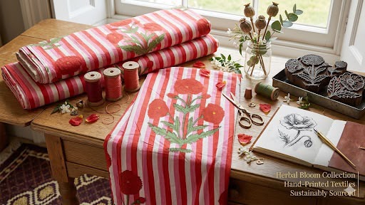 Coral Blossom Striped Cotton Fabric