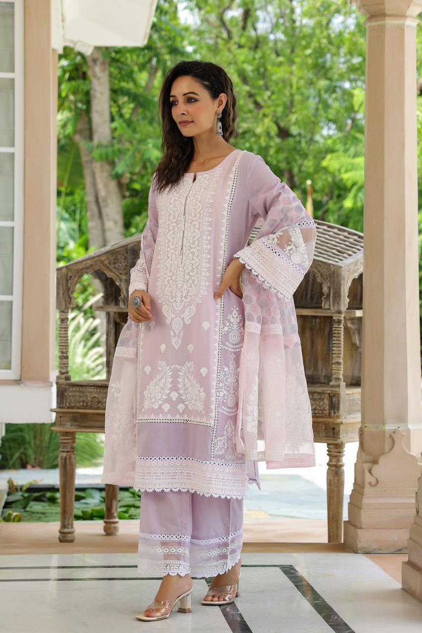 Lavender Grace Embroidered Cotton Suit Set