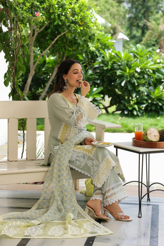Sage Noor Embroidered Cotton Suit Set