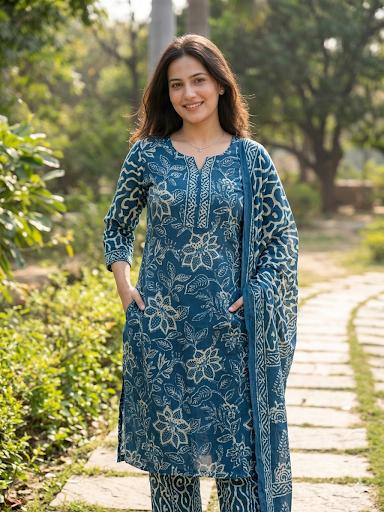 Teal Bloom Cotton Kurta Set