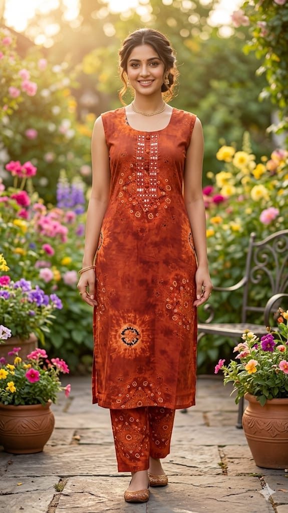 The Rust Red Bandhani Mirror-Yoke Kurta Set