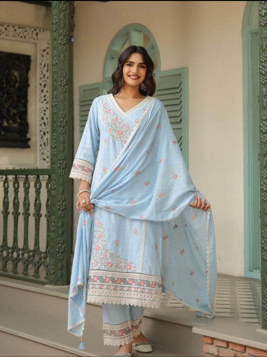The Sky Blue Floral Phulkari Kurta Set