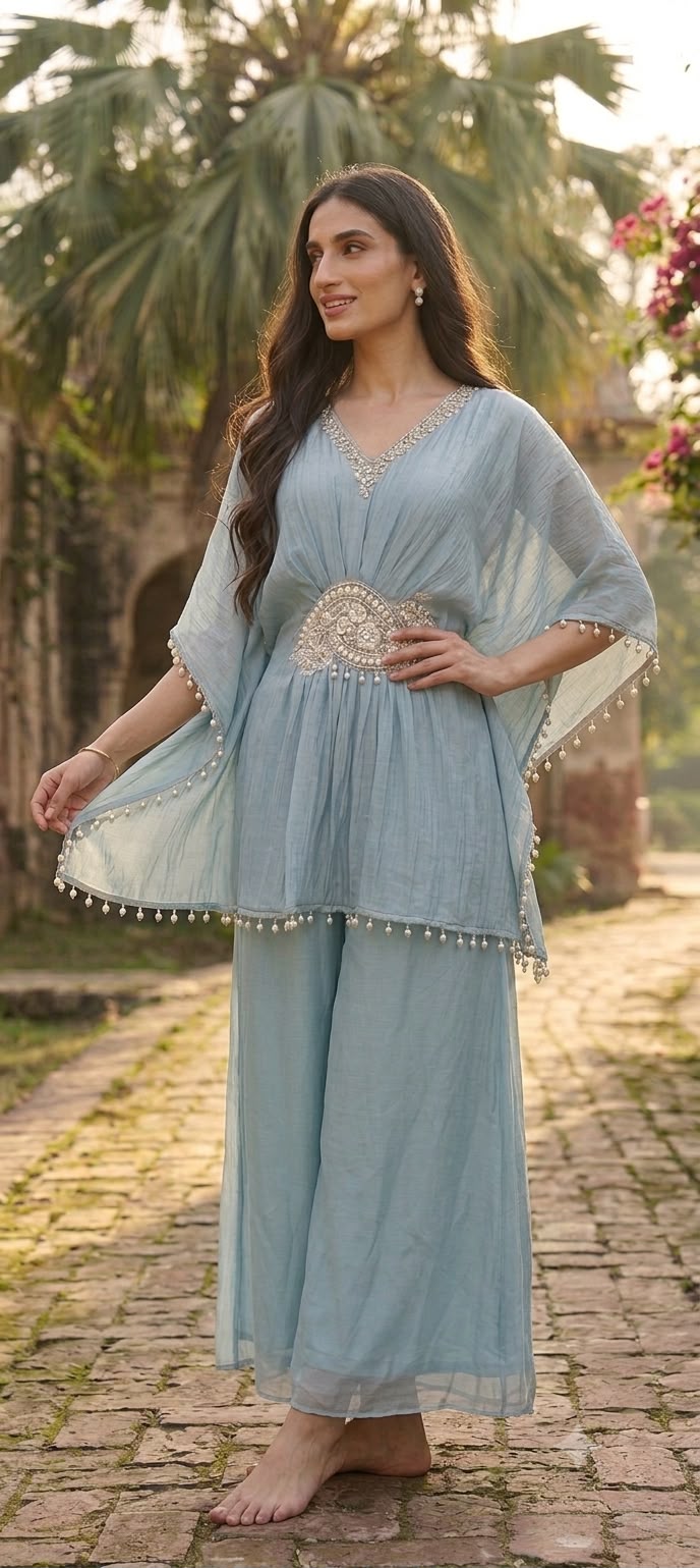 The Sky Blue Pearl-Embellished Kaftan Tunic