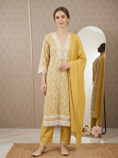 The Soft Yellow Floral Lace-Bordered Suit Set