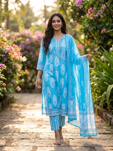 Sky Blue Hand Block Printed Cotton Suit Set