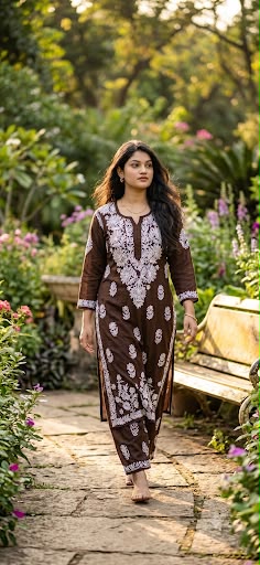 The Mocha Bloom Threadwork Straight Suit Set