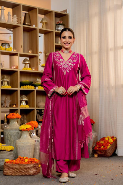 Gulnaar Pink Embroidered Suit Set