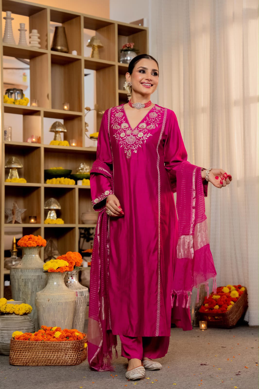 Gulnaar Pink Embroidered Suit Set