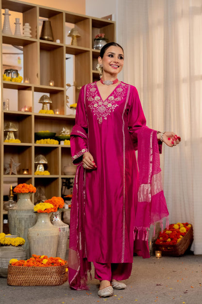 Gulnaar Pink Embroidered Suit Set