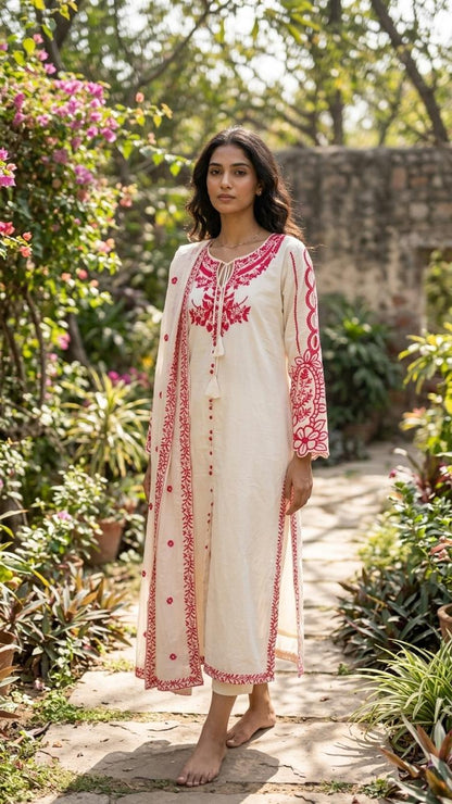 The Ivory & Crimson Chikankari Suit Set