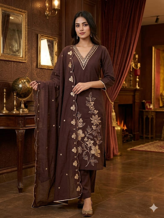 Cocoa Bloom Embroidered Kurta Set
