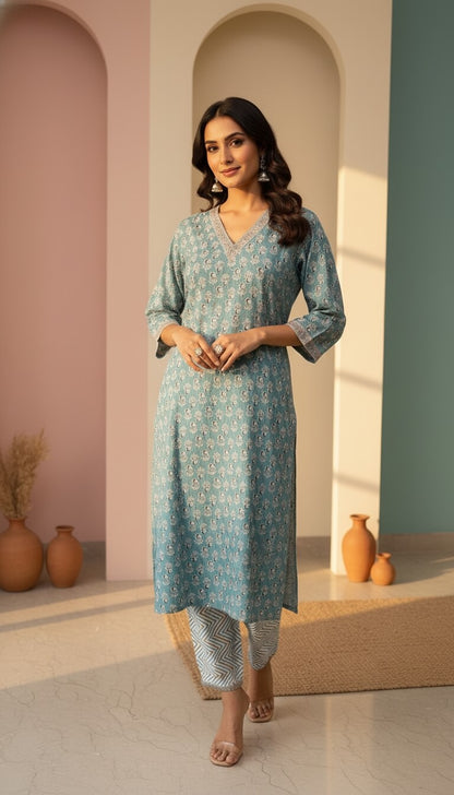 Aqua Blossom Kurta Set