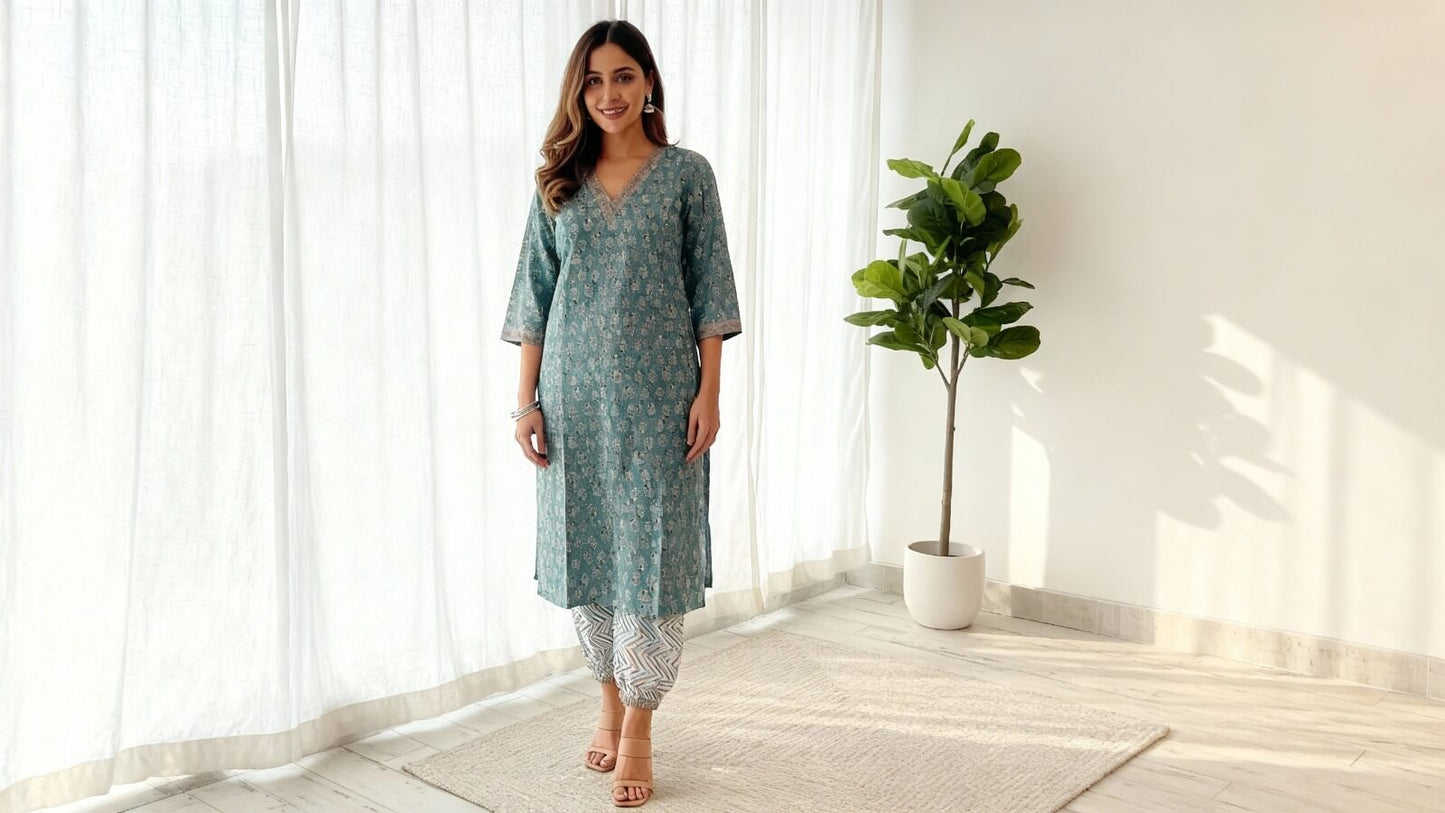 Aqua Blossom Kurta Set