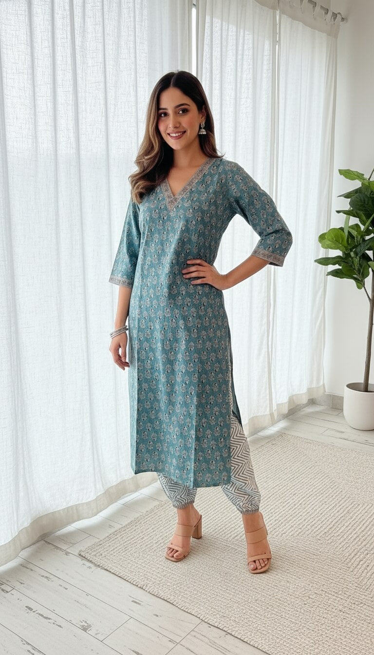 Aqua Blossom Kurta Set