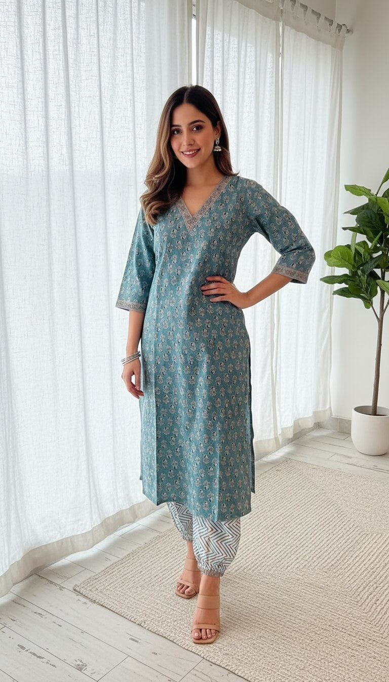 Aqua Blossom Kurta Set